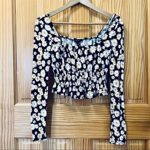 Forever 21 black white daisy flower crop long sleeve peasant cropped shirt top S - Picture 1 of 4